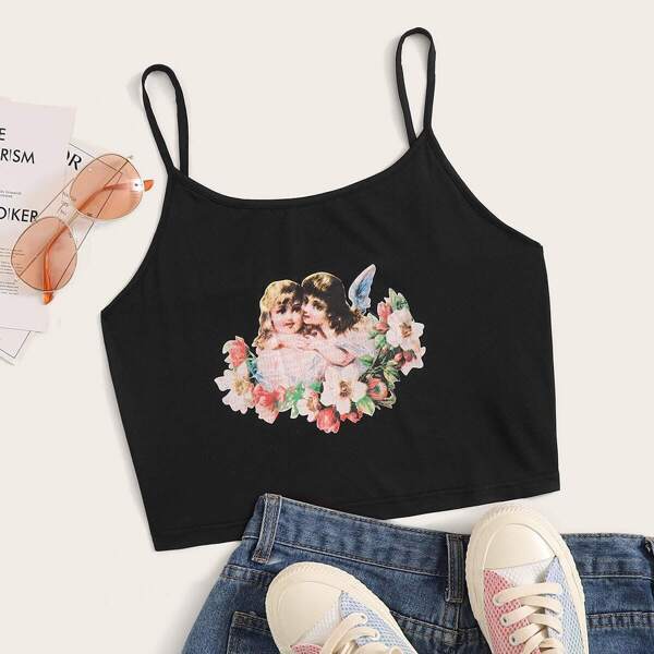 

Angel Print Crop Cami Top, Black