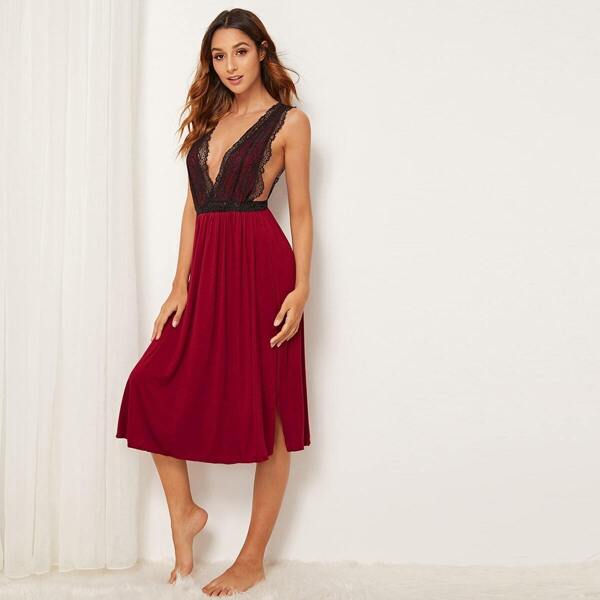 

Floral Lace Deep V Night Dress, Red