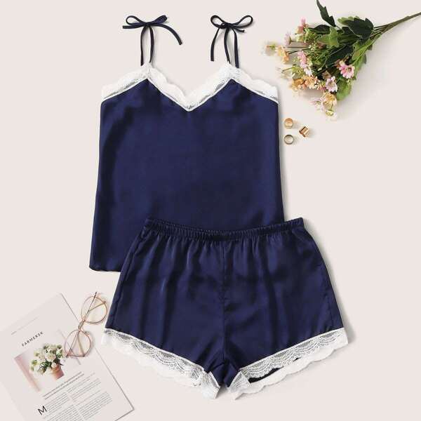 

Contrast Lace Satin Cami Pajama Set
