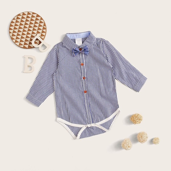

Baby Boy Bow Tie Button Front Striped Shirt Romper