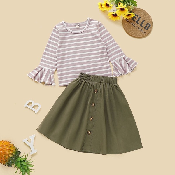 

Toddler Girls Striped Flounce Sleeve Tee With Button Front Skirt