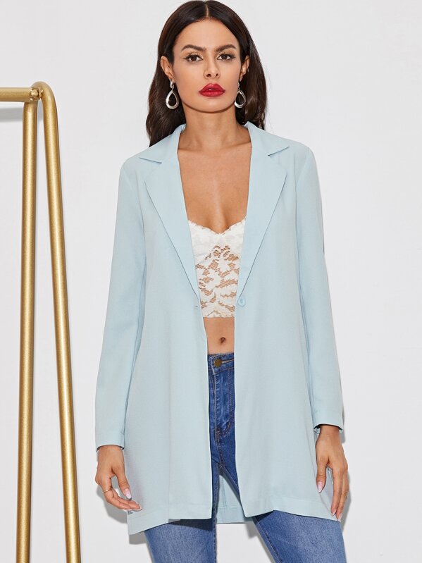 

Solid Single Button Longline Blazer, Blue, Andy