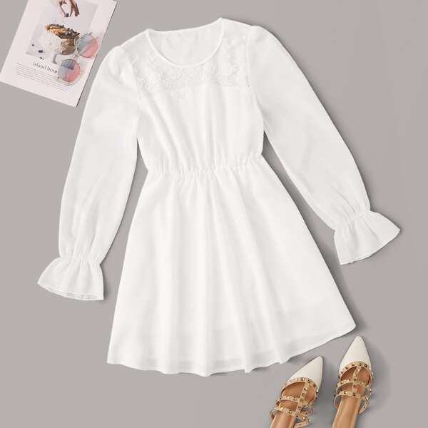 

Embroidered Mesh Yoke Bell Sleeve Solid Dress