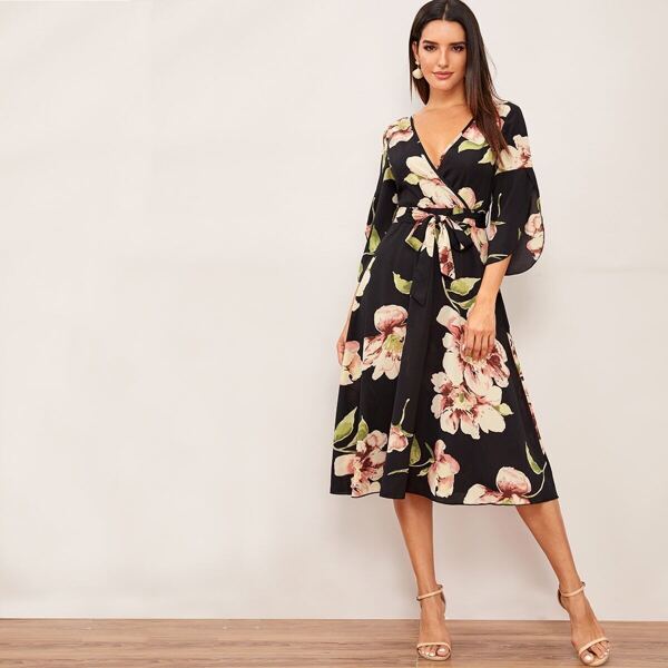 

Floral Split Sleeve Wrap Belted Dress