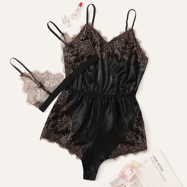 

Eyelash Lace Satin Teddy Bodysuit With Bralette