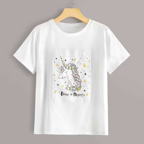 

Appliques & Pearls Detail Embroidered Mesh Patch Tee