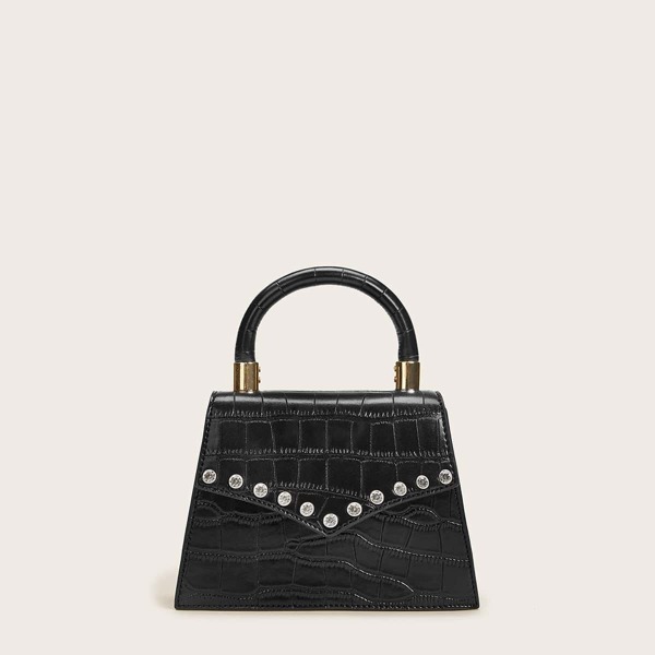

Rhinestone Decor Flap Satchel Bag