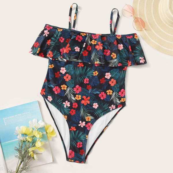 

Plus Floral Flounce One Piece Swimwear, Multicolor