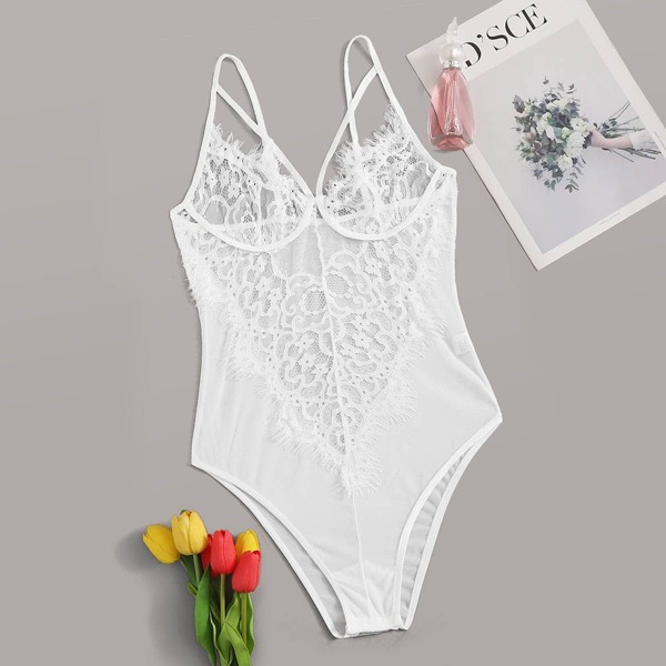 

Eyelash Floral Lace Harness Teddy Bodysuit