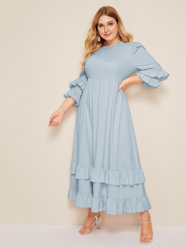 

Plus Layered Flounce Sleeve Ruffle Hem Dress, Blue, Nora