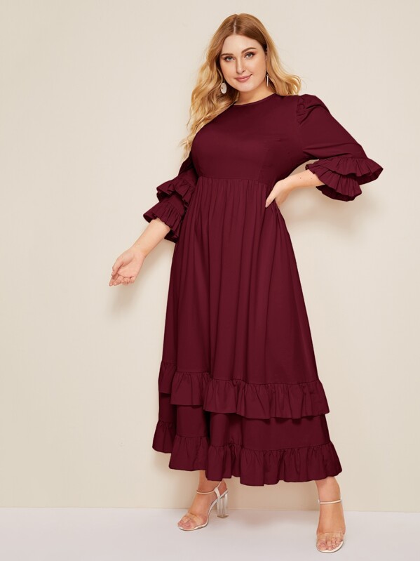 

Plus Ruffle Trim Layered Sleeve Fit and Flare Dress, Burgundy, Nora
