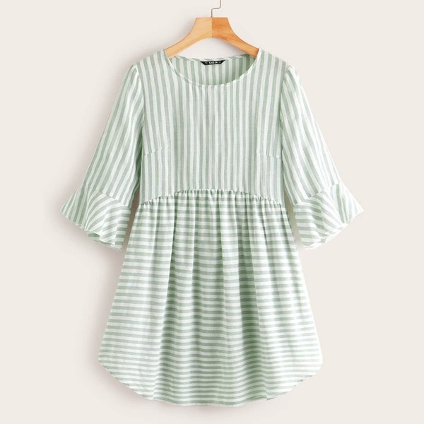 

Ruffle Cuff Striped Smock Dress, Green pastel
