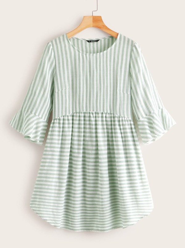 

Ruffle Cuff Striped Smock Dress, Green