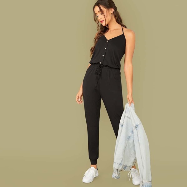 

Button Front Drawstring Waist Halter Jumpsuit, Black