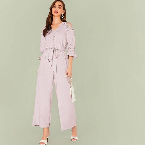 

Lace Insert Buttoned Front Belted Wide Leg Jumpsuit, Purple pastel