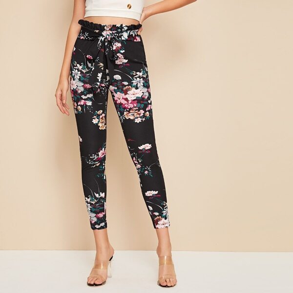 

Paperbag Waist Tie Front Botanical Print Pants