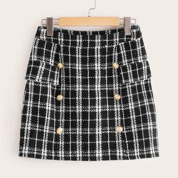 

Double Breasted Plaid Tweed Skirt, Black and white