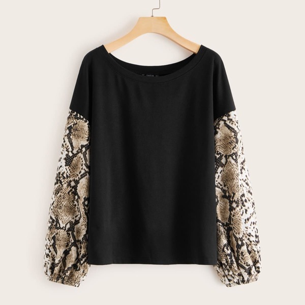 

Drop Shoulder Contrast Snakeskin Print Sleeve Pullover, Multicolor