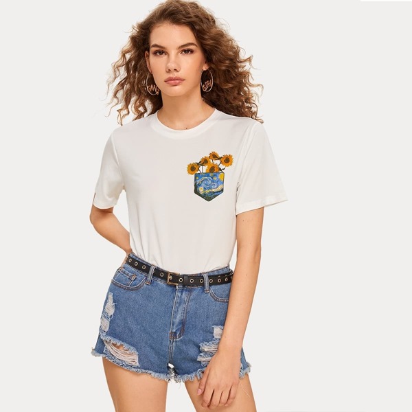 

Sunflower Print Round Neck Tee
