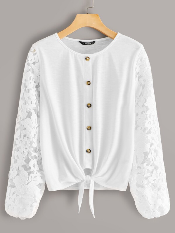 

Embroidery Mesh Sleeve Button & Tie Front Top, White, Luiza