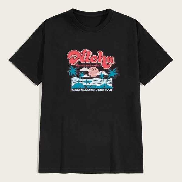 

Men Letter & Tropical Print Tee