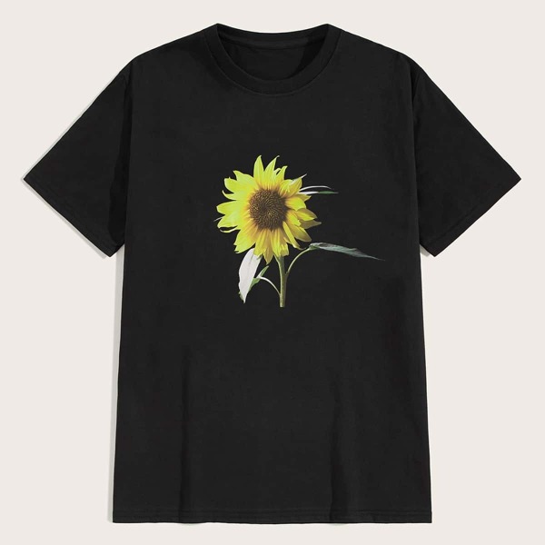 

Men Sunflower Print Round Neck Tee, Black