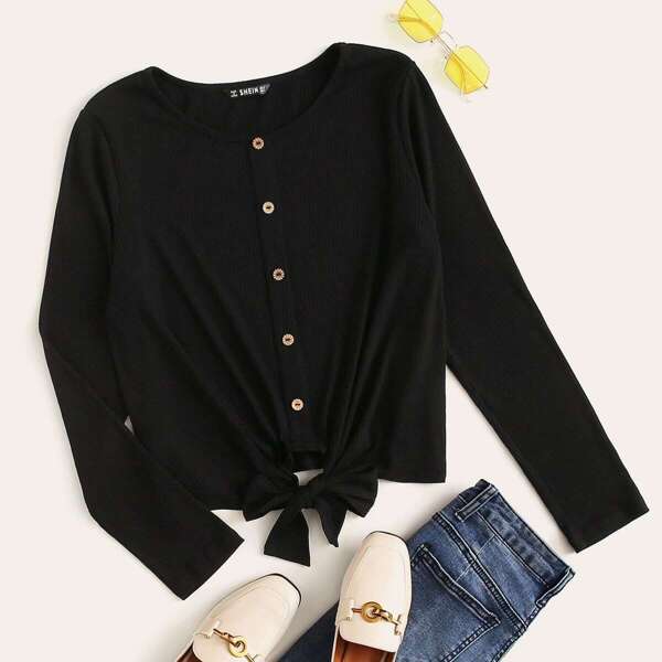 

Button Detail Tie Hem Rib-knit Tee, Black