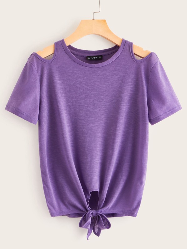 

Solid Cut-out Shoulder Tie Front Top, Purple
