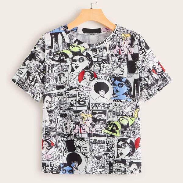 

Comic Print Round Neck Tee, Multicolor