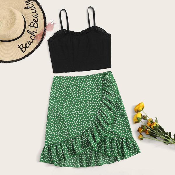 

Frill Trim Cami Top & Ditsy Floral Ruffle Hem Skirt