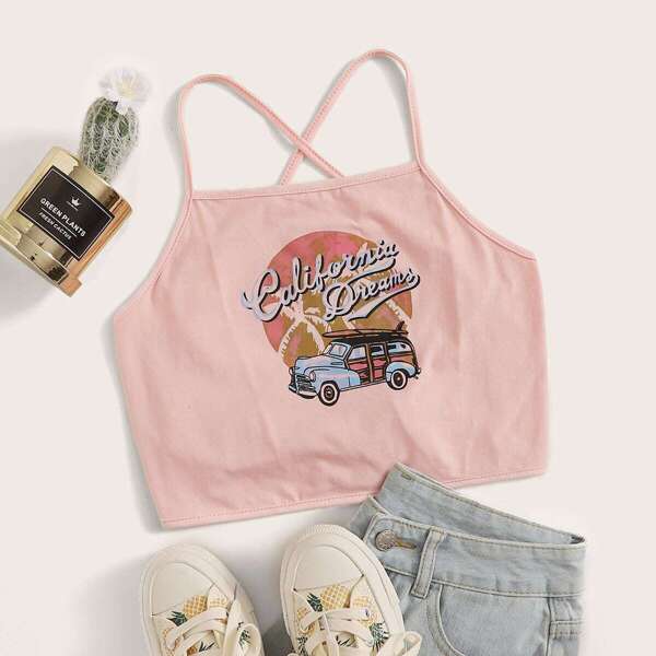 

Letter & Car Print Criss Cross Back Cami Top