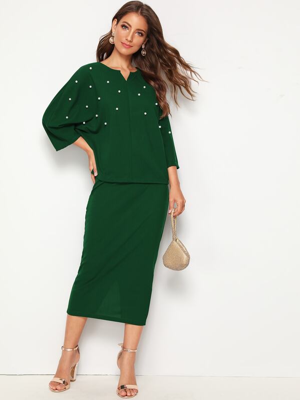 

Notch Neck Pearl Beaded Top and Split Pencil Skirt Set, Green, Debi Cruz