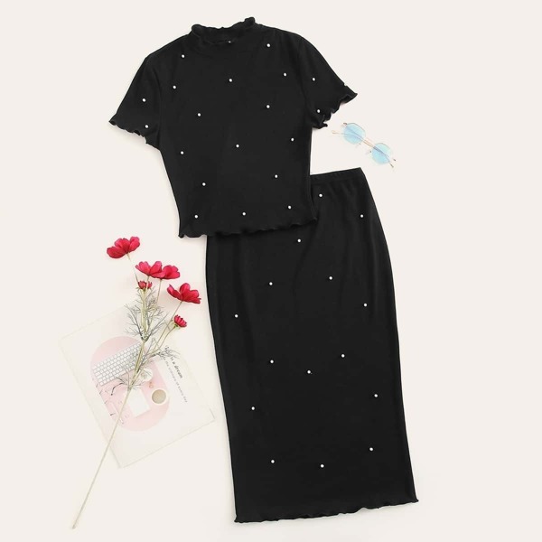 

Plus Lettuce Trim Pearls Beaded Rib-knit Top & Skirt Set, Black