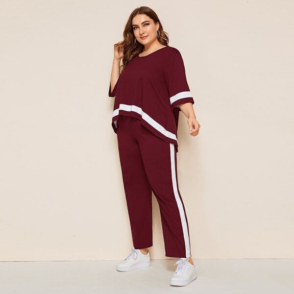 

Plus High Low Hem Top & Contrast Side Seam Pants Set, Burgundy