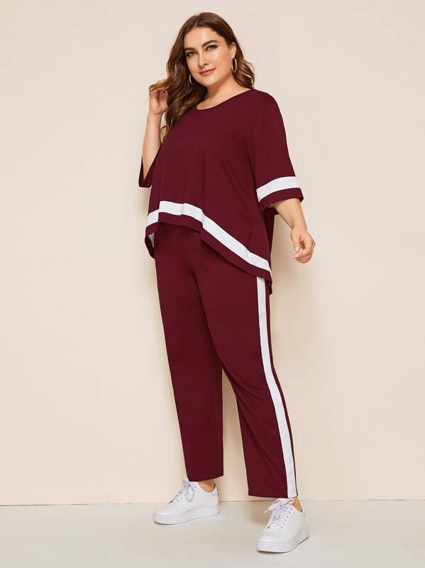 

Plus High Low Hem Top & Contrast Side Seam Pants Set, Burgundy, Franziska