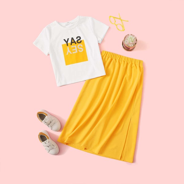 

Girls Graphic Print Top & Split Side Skirt Set