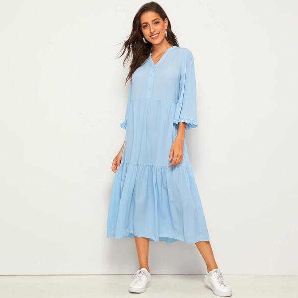 

Solid Button Front Ruffle Trim Dress