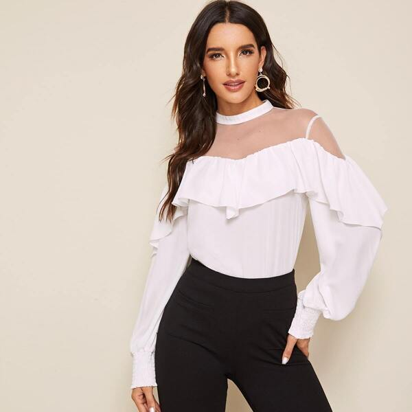 

Mesh Yoke Insert Ruffle Trim Shirred Cuff Blouse