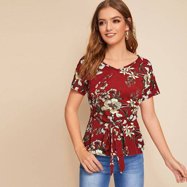 

Tie Front Botanical Print Belted Top