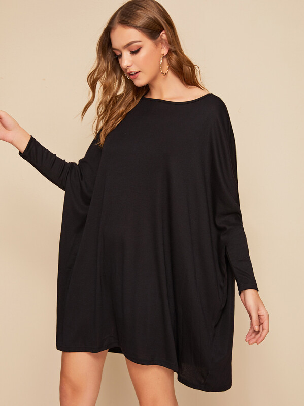 

Solid Dolman Sleeve Oversized Dress, Black, Luiza