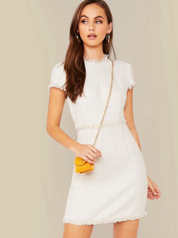 

Pearl Beaded Frayed Trim Tweed Dress, White, Lily Easton