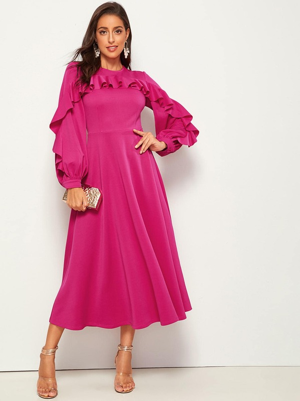 

Ruffle Trim Lantern Sleeve Dress, Pink, Mary P.