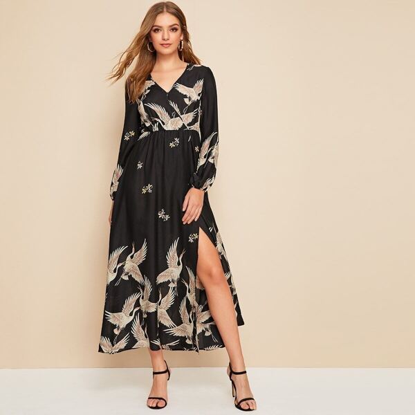 

Crane Print Surplice Neck Split Thigh Blouson Dress, Black