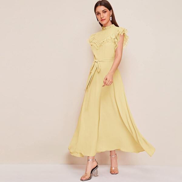 

Ruffle Mesh Trim Self Belted Dress, Yellow pastel