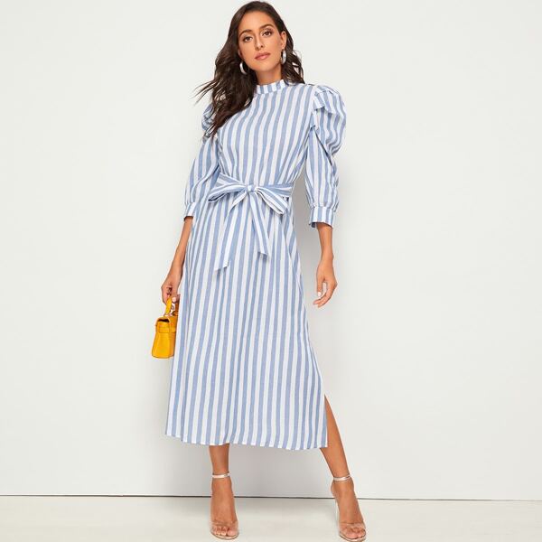 

Mock-Neck Puff Sleeve Split Side Striped Dress, Blue pastel