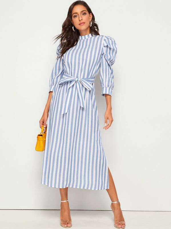 Mock-Neck Puff Sleeve Split Side Striped Dress, Blue, Mary P.