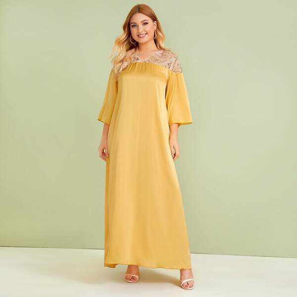 

Plus Sequin Embroidery Yoke Satin Dress, Yellow bright
