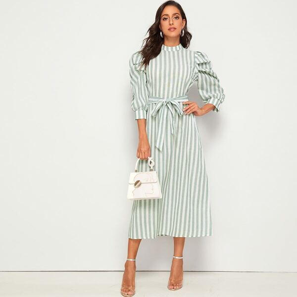 

Mock Neck Puff Sleeve Split Hem Belted Striped Dress, Green pastel