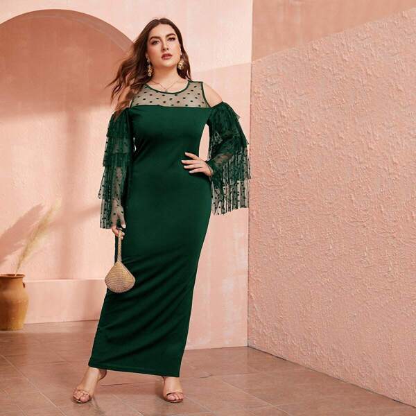 

Plus Cold Shoulder Dobby Mesh Yoke Layered Sleeve Dress, Dark green