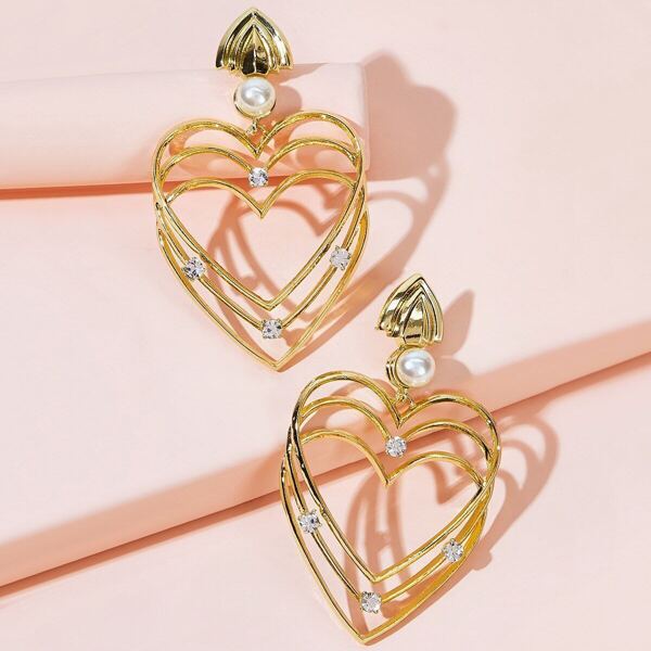 

Faux Pearl & Rhinestone Decor Tiered Heart Drop Earrings 1pair